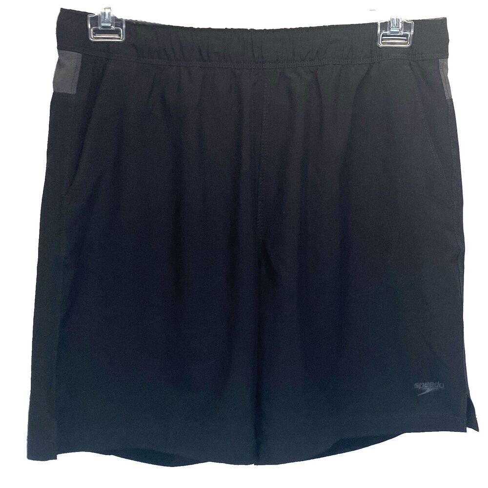 Speedo Men's Size M Swim Trunks Shorts Black Gray Drawstring/Elastic Waist Lined